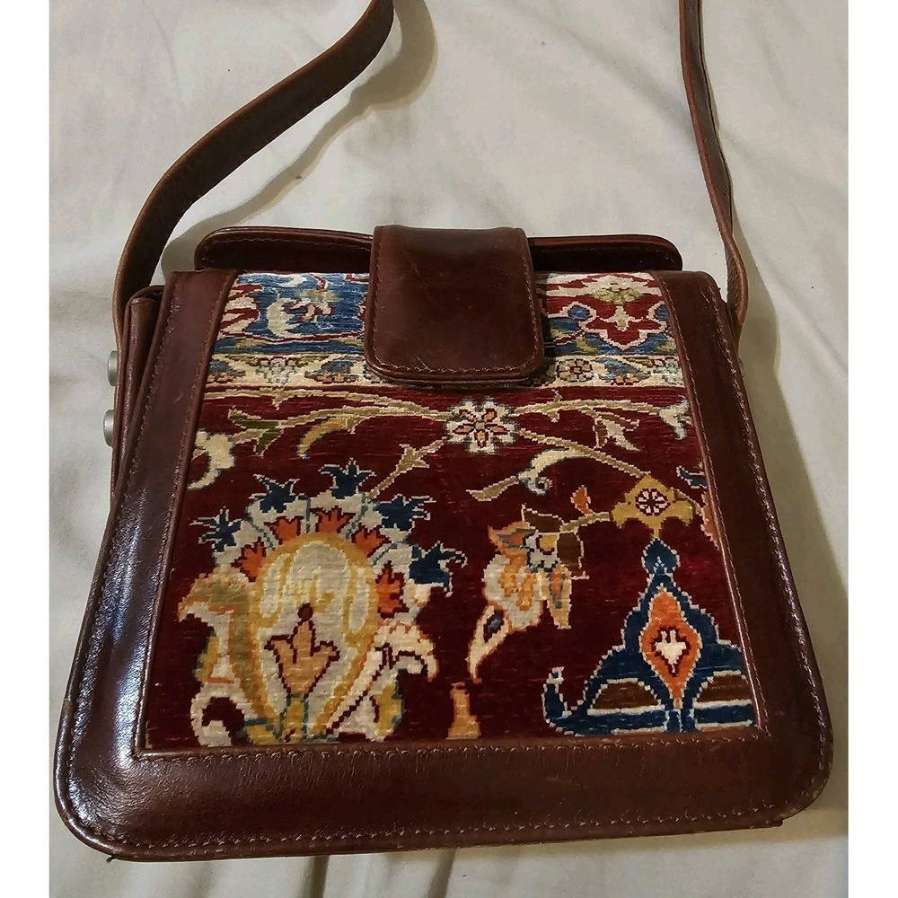 Vintage Turkish Kilim Art Carpet Tapestry Leather Crossbody Purse Bag Boho **